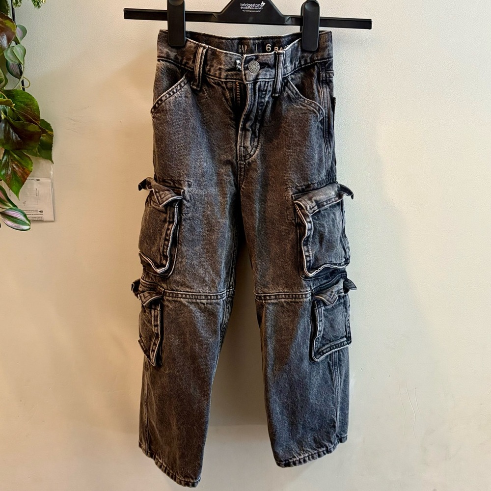 GAP BOYS DOUBLE CARGO BAGGY JEANS SZ 6 SLIM BLACK WASH
